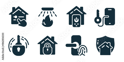Smart house excellent icon collection. Home control, fire safety, smart power, digital key, security lock, house lock, fingerprint access, protected home