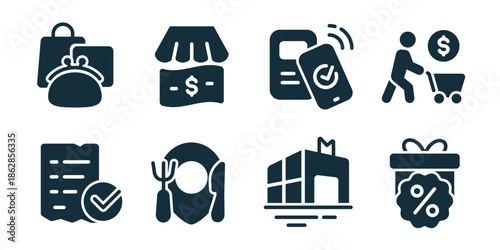 Shopping mall excellent icon collection. Bags, store cash, mobile payment, shopper cart, receipt check, food court, mall building, discount