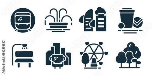 City infrastructure excellent icon collection. Metro train, fountain, industrial zone, trash check, street bench, city truck, ferris wheel, park