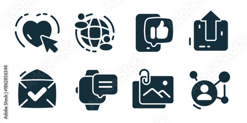 Social media excellent icon collection. Heart click, global users, thumbs up, upload, verified message, smartwatch chat, image post, user network