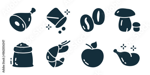 Foodstuffs excellent icon collection. Meat leg, spice jar, beans, mushroom, flour sack, croissant, apple, chicken leg