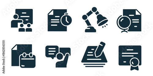 School and education excellent icon collection. Classroom discussion, study schedule, desk lamp, research document, school bag, online lesson, exam paper, certificate