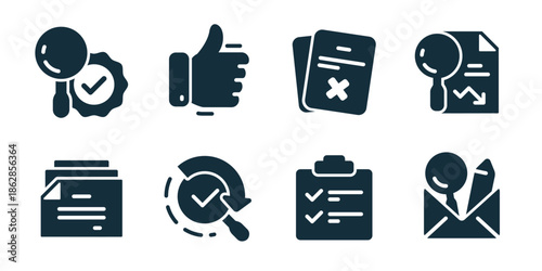Audit and check excellent icon collection. Approved search, thumbs up, rejected files, analytics review, folder documents, checked refresh, task clipboard, email audit
