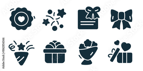 Gift and surprise excellent icon collection. Heart badge, celebration sparkles, gift card, ribbon decoration, party cone, wrapped present, flower bouquet, love gift