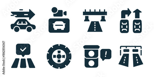 Road and traffic excellent icon collection. Fast car, dash camera, overpass road, traffic flow, approved route, wheel tire, warning barrel, dual roadway