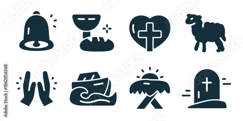 Christianity excellent icon collection. Church bell, bread and chalice, sacred heart cross, lamb symbol, praying hands, ark ship, resurrection light, tomb cross