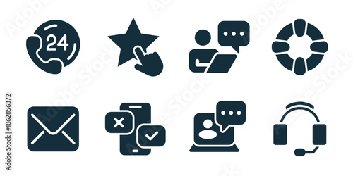 Customer service excellent icon collection. Support call, rating star, laptop consultation, team help, email message, status approval, online chat, headset assistance