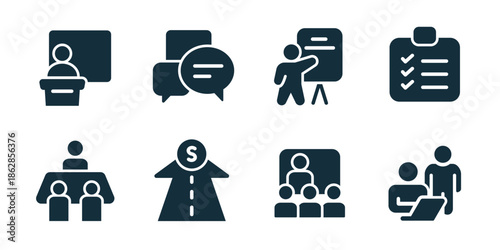 Business training excellent icon collection. Speaker presentation, discussion messages, flip chart, checklist tasks, meeting table, strategy, classroom, teamwork training