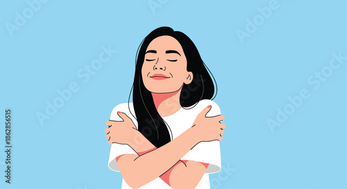Young smiling woman hugging herself as a symbol of self-love and mental health awareness on a light blue background.