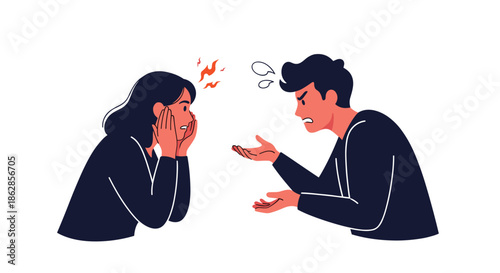Young man and woman having a heated argument with angry facial expressions and frustrated gestures in a flat style.
