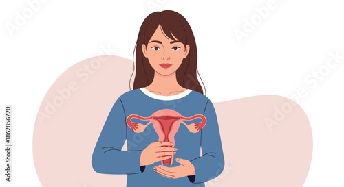 Young woman showing an anatomical illustration of the female reproductive system for medical education and health.