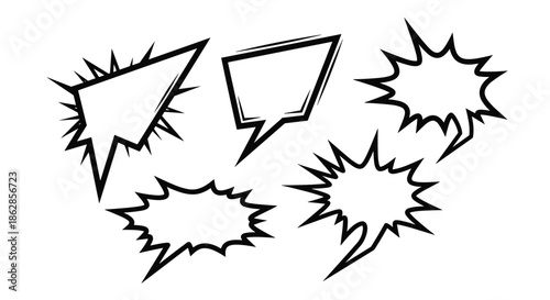 Collection of dynamic black and white comic speech bubbles with jagged edges for action and dialogue design.