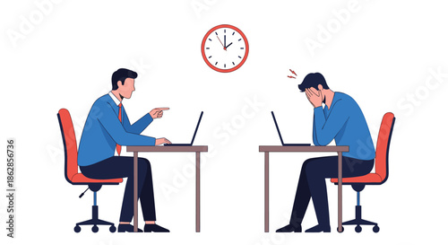 Office scene with two men working on laptops where one person is pointing and the other is feeling stressed.