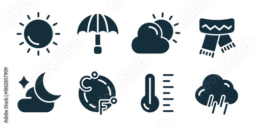 Weather and climate excellent icon collection. Sun heat, umbrella rain, partly cloudy sun, scarf cold, night moon, globe climate, thermometer scale, rainy cloud