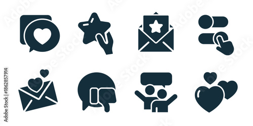 Feedback excellent icon collection. Star rating, message like, heart reaction, user review, positive feedback, approval click, comment rating, satisfaction symbol
