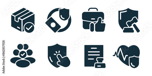 Insurance excellent icon collection. Secure delivery box, shield payment, briefcase lock, legal shield, protected group, touch shield, stamped document, heart shield