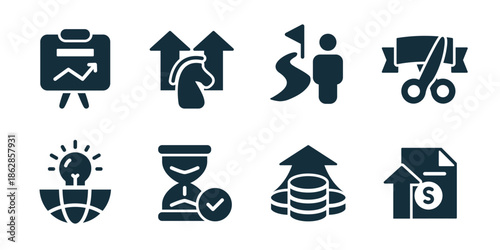 Startup and development excellent icon collection. Performance board, growth arrows, roadmap path, cut ribbon, global idea, approved manager, investment growth, income document