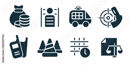 Criminal excellent icon collection. Warning search, checklist report, forensic microscope, approved suspect, time investigation, evidence scan, case rating, legal document