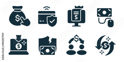 Online payment excellent icon collection. Money bag tap, secure card payment, digital cash screen, online money transfer, wallet payment, bank access, contactless watch pay, laptop finance