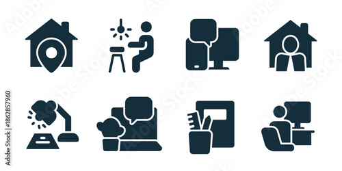 Workspace excellent icon collection. Home location office, creative desk lighting, communication devices, home worker profile, desk lamp work, online chat workspace, stationery holder, office employee