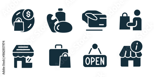 Shopping excellent icon collection. Discount wallet, food product, credit card payment, customer service, storefront shop, shopping bag, open sign, store building