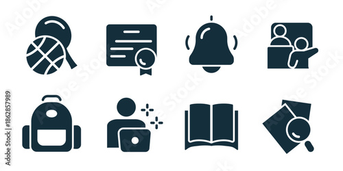 Education excellent icon collection. Book with magnifier, certificate document, notification bell, classroom teaching, backpack, remote learning, open book, research document