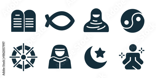 Faith and religion excellent icon collection. Stone tablets, fish symbol, religious figure, yin yang sign, compass star, praying woman, moon and star, meditation pose