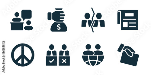 Politics and voting excellent icon collection. Discussion podium, money bag vote, split opinion people, news document, peace symbol, vote decision boxes, global community, ballot hand