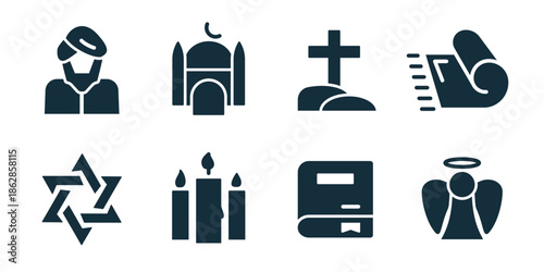 Faith and religion excellent icon collection. Religious leader, mosque building, cross grave, praying hands, david star, candles, holy book, angel figure