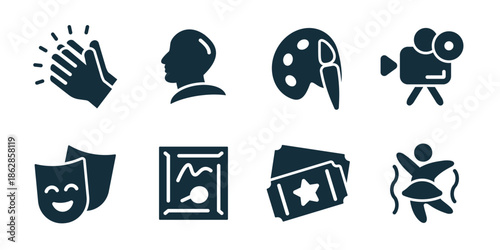 Art and culture excellent icon collection. Comedy mask, sound board, ticket star, dancing figure, portrait profile, gallery frame, theater seats, stage spotlight