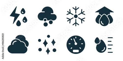 Weather and climate excellent icon collection. Lightning rain, hail cloud, snowflake cold, humidity drops, cloud cover, sparkle weather, temperature gauge, precipitation icon