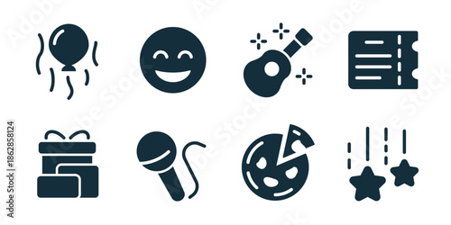 Party and celebration excellent icon collection. Balloon confetti, happy face, guitar music, ticket event, gift box, microphone stage, pizza party, falling stars