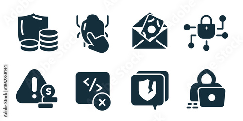 Hacking excellent icon collection. Bug click, phishing email, secure lock network, code error window, hacker laptop, cyber alert, data breach, system vulnerability