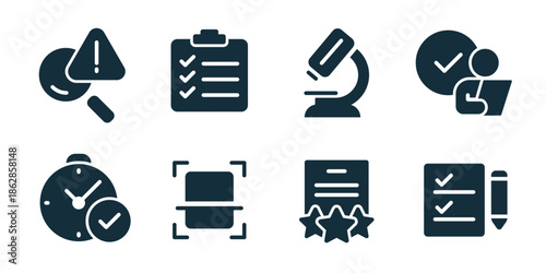 Quality analysis excellent icon collection. Checklist form, verified user, star rating report, task completion, time approval, focus object, result document, planning note