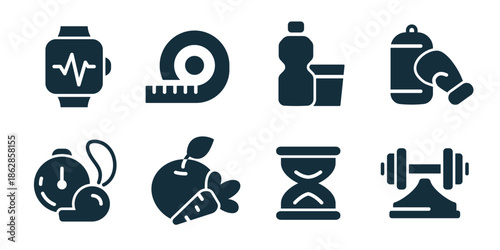 Sport competition excellent icon collection. Stopwatch timer, healthy food, hourglass, barbell weight, performance meter, headphones play, champion cup, training bench