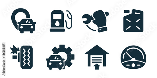 Car service excellent icon collection. Car location, fuel station, repair gloves, vehicle diagnostics, damaged tire, maintenance gear car, garage service, speed dashboard