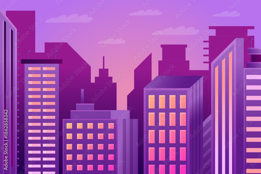 Fototapeta premium night city skyline Night City Skyline with Purple Tone Urban Illustration