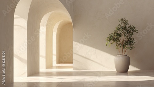 Serene Minimalist Arched Interior with Sunlit Passageways and Potted Plant.