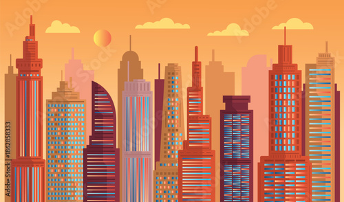 city skyline at sunset
urban city 
Futuristic Downtown City with Modern Skyscrapers Illustration