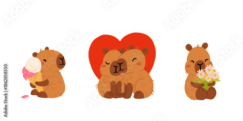 Cartoon capybara collection. Kawaii capybara, different funny animal characters, cute capybaras mascot. Various adorable animals, kids stickers. Childish set, flat vector illustration