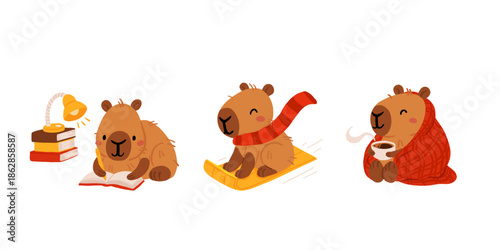 Cartoon capybara collection. Kawaii capybara, different funny animal characters, cute capybaras mascot. Various adorable animals, kids stickers. Childish set, flat vector illustration