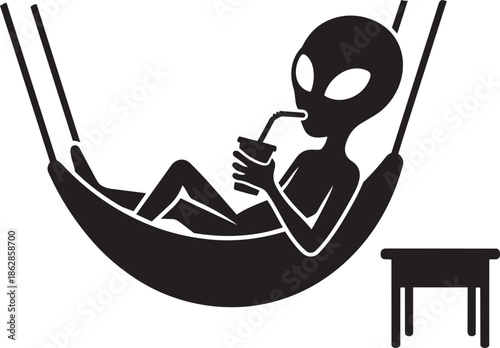 Alien relaxing in hammock drinking beverage with straw