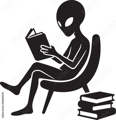 Alien reading a book while sitting in a chair silhouette vector illustration isolated on transparent background