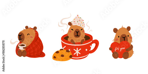 Cartoon capybara collection. Kawaii capybara, different funny animal characters, cute capybaras mascot. Various adorable animals, kids stickers. Childish set, flat vector illustration