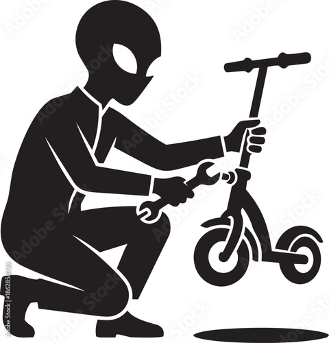 Alien repairing kick scooter with wrench, working on personal transportation