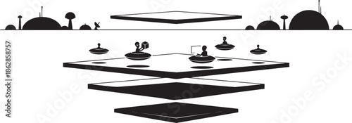 Alien silhouettes performing various tasks on flying platforms in futuristic city illustration