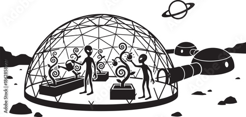 Aliens tending to plants in a geodesic dome greenhouse with a Saturn planet in background