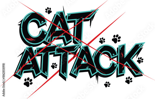 Cat attack text, claw marks design, feline aggression theme, bold jagged typography, paw prints illustration, dynamic graphic, energetic branding