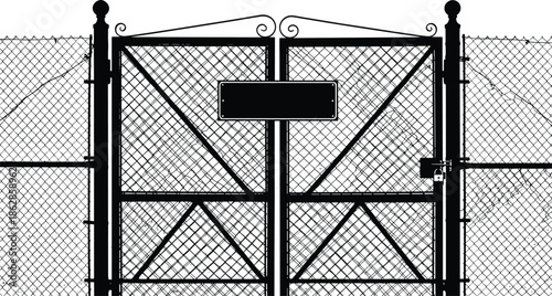 Chain-link fence gate, padlocked security, symmetrical design, industrial boundary, restricted access concept, ornamental posts, secure enclosure illustration