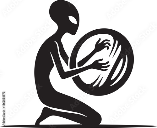 Black silhouette of extraterrestrial kneeling and touching abstract circle symbol on transparent background